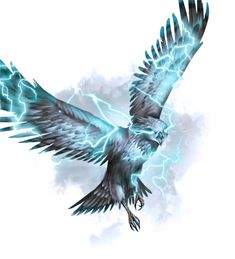 a bird flying through the air with lightning coming out of it's wings