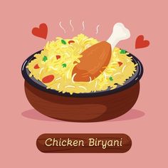 chicken biriyani in a bowl on a pink background with the word love written above it