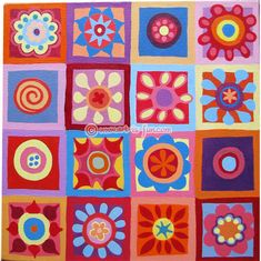 an art work with many different colors and shapes on it, including flowers in the center