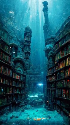 an underwater library with many bookshelves in the water and sunlight streaming through them