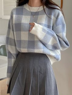 Blue and White Casual  Long Sleeve Acrylic Gingham Pullovers Embellished Slight Stretch Spring/Fall Women Knitwear Cute Flannel Sweaters, Shein Knit Sweater, Cheap Fall School Skort, Preppy Oversized Sweaters, Beige Plaid Sweater, Cheap Harajuku Style Skort For Spring, Jumpers For Women Uk, Plaid Skirt Cream Sweater, Pull Over Size Femme