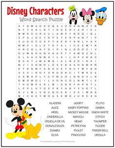 the disney characters word search puzzle is shown in this printable activity sheet for kids