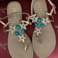 New Unisa Sandals Gold Tone & Turquoise Stones With Metal Starfish, New Still With The Plastic Labels On Bottom, No Box. Gorgeous High End Brand Sandals!!! Brand Sandals, High End Brands, Sandals Gold, Turquoise Stones, Sandals Brands, Turquoise Stone, Starfish, Blue Gold, Women's Shoes Sandals