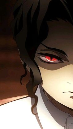 an anime character with red eyes and long black hair, wearing a white shirt in front of a dark background