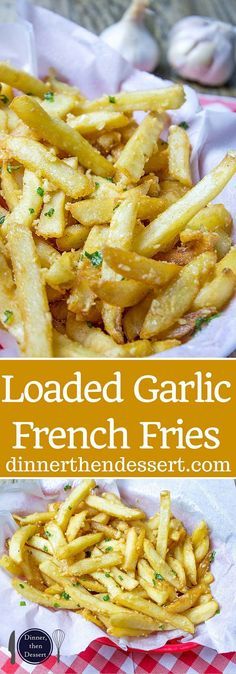 loaded garlic french fries on a red and white checkered tablecloth with text overlay