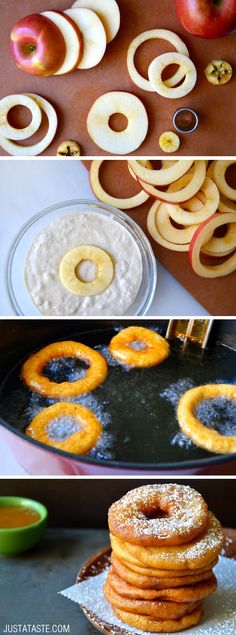 apples and donuts are being cooked on the stove top, then baked in an oven