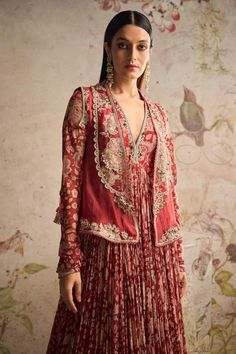 Buy Ridhi Mehra Red Dazzle Floral Print Anarkali And Jacket Set Online | Aza Fashions Chiffon Suits Indian, Anarkali With Jacket, Chiffon Anarkali, Complementary Design, Organza Jacket, Ridhi Mehra, Printed Anarkali, Chiffon Jacket, Long Anarkali