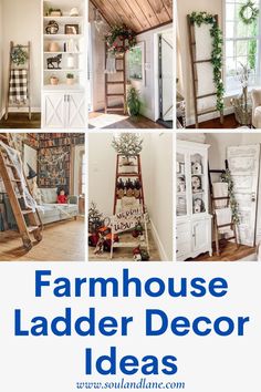 Farmhouse Ladder Decor Ideas Old Wooden Ladder Ideas, Ladder Decor Living Room, Decorative Ladder Ideas, Kitchen Ladder Decor, Ladder Decor Ideas, Farmhouse Ladder Decor, Blanket Ladder Ideas, Old Ladder Decor