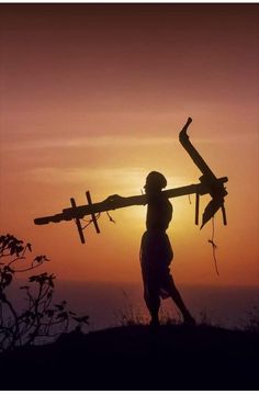 the silhouette of a man holding two gliders at sunset