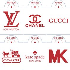 the logos for different brands are shown in red and blue, with white letters on them