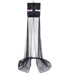 an image of a black and pink minecraft head hanging from a string on a white background