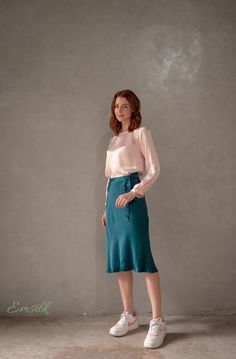 "This luxury exclusive design silk skirt is perfect for fall and winter. 100 % designed and handmade by Emsilk. I am pleased to offer your garments made to measure at no extra cost. All of my designs can be made in any colors that you see in my shop. Link to all colors in pure silk: https://www.etsy.com/shop/emsilkdesign?ref=seller-platform-mcnav&section_id=28483599 * Detail: - Slip skirts go with any tops and beautiful all year around. - Midi skirt - bow tied straps - Below the knee/ or len Relaxed Silk Midi Skirt, Silk Asymmetrical Pleated Skirt, Asymmetrical Silk Pleated Skirt, Flowy Silk Midi Skirt, Chic Silk Skirt For Fall, Silk Skirt For Workwear In Fall, Silk Skirt For Fall, Silk Workwear Skirt For Fall, Fall Silk Skirt For Work