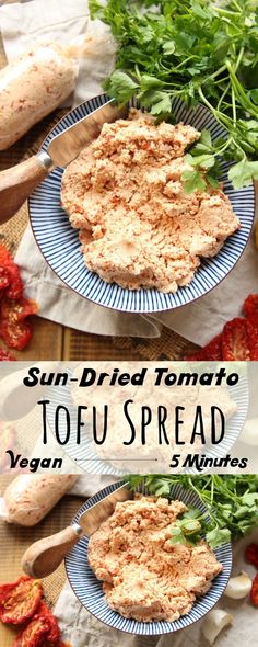 sun dried tomato tofu spread on a blue plate