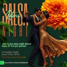 a man and woman dancing in front of an orange flower with the words salsa night on it