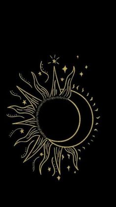 the sun and moon are drawn in gold on a black background