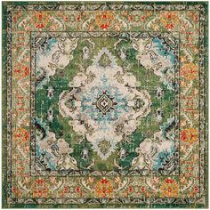 an area rug with green, orange and blue colors