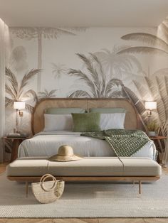 a bedroom with palm trees painted on the wall and a bed in the foreground