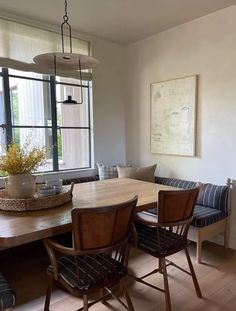 a dining room table with four chairs around it