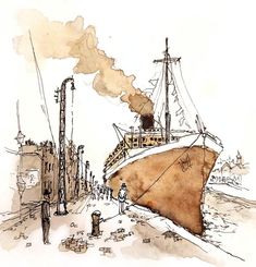 Watercolor And Sketch, Ships And Boats, Watercolor Art And Pen, Ink And Wash Watercolors Ideas, 1900s Drawing, Ink Illustrations Sketchbooks, Boat Sketches, Boats Drawing, Ships Drawing