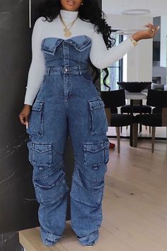 Plus Size Fashion Streetwear Denim Jumpsuit Women's Loose Pants Jumpsuit Plus Size Multi-pocket Style For 2024, Plus Size Floor Poses, Charliecore Clothes, Summer Party Outfits For Women, Art Show Outfit Summer, Chic All Black Outfit Work, New Jersey Outfits Summer, Trending Summer Outfits 2024 Women, Unique Birthday Outfits For Women