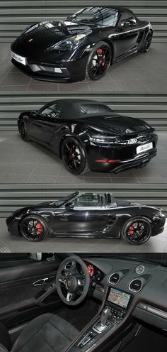 three different views of a black sports car