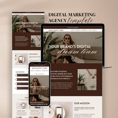 the digital marketing agency website is displayed on two laptops and one phone, with an image of a woman sitting in a chair