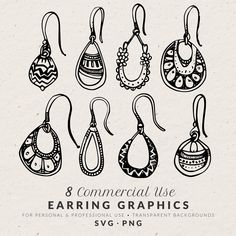 the earrings are drawn in different styles and colors, with text that reads 8 commercial use earring graphics for personal professional use