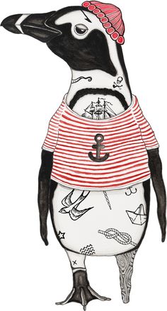 a drawing of a penguin wearing a red and white shirt with an anchor on it's chest