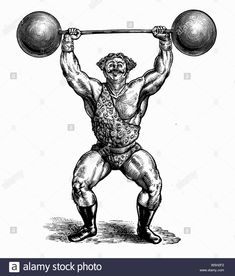 an old fashioned drawing of a man lifting a barbell