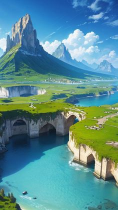 an image of a beautiful landscape with water and mountains in the background that looks like it could be floating on land