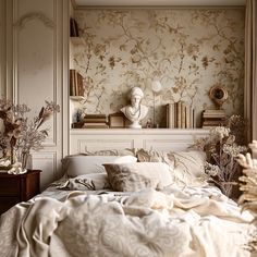 a bed with white sheets and pillows next to a busturine on the wall