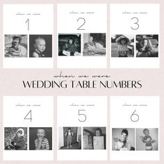 the wedding table numbers are shown in black and white, with different pictures on them