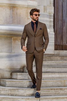 Step into timeless elegance with the Brown Slim-Fit Suit 3-Piece. Its sleek fit and rich brown tone bring out an understated charisma that complements both professional and formal events with ease.  #brownslimfitsuit #elegantmenswear #classylook #formalfashion #modernfit #tailoredsuit #professionalstyle #sharpdressing #businessattire #menssuit 3 Button Suit Men, Brown Suit Black Shirt, Brown Tuxedo For Men, Brown Suit Outfit Men, Brown Blazer Outfit Men, Brown Suit Men, Brown Blazer Men