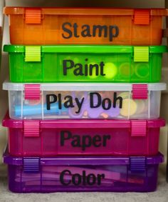 stacking plastic containers with words on them