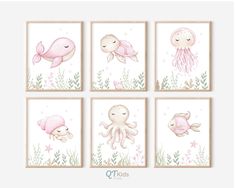 four watercolor paintings with pink and green sea animals on the bottom, one is an octopus