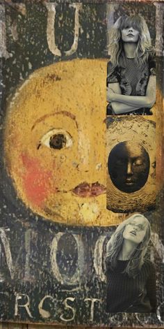 a collage of photos with an old woman's face and other images in the background