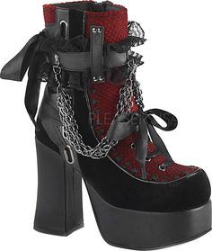 Buy Women's Demonia Charade 110 Platform Ankle Boot at Walmart.com Red Velvet Boots, Kitty Cheshire, Goth Shoes, Gothic Boots, Velvet Ankle Boots, Gothic Shoes, Funky Shoes, Velvet Boots, Super High Heels