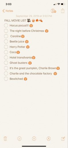 an orange and white list on a cell phone with the text, halloween movies list