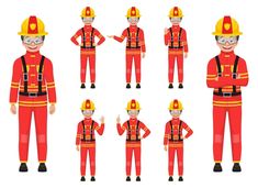 various poses of fireman in red and yellow uniform with safety equipment on white background