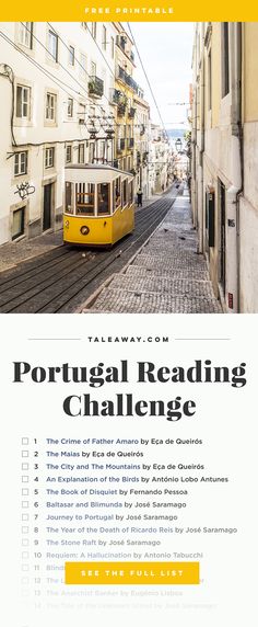 a yellow tram is on the street with buildings in the background and text that reads portugal reading challenge