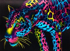 a painting of a colorful leopard on black background