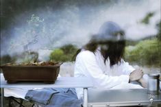 a person sitting at a table with a potted plant