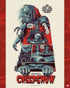 the poster for creepshow is shown in red and white, with an image of zombies