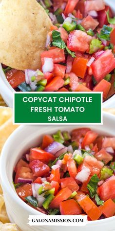 two bowls filled with fresh tomato salsa and tortilla chips