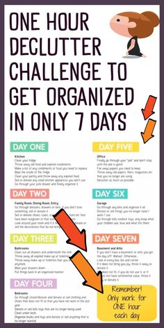 a poster with an arrow pointing to the left and one hour declutter challenge on it