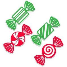 three candy stickers are shown in red, green and white