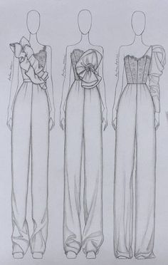 three women's dresses are shown in this drawing