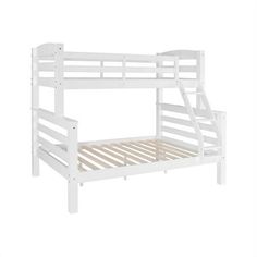 a white bunk bed with wooden slats on the bottom and bottom rails, against a white background