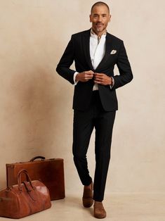 How to Wear a Black Suit with Brown Shoes - The Fashionisto Faille Fabric, Neon Prom Dresses, Suit Styles, Below The Knee Dresses, Classic Tuxedo, Suit Pin, Brown Dress Shoes, Wear To Work Dress