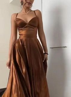 Brown Dress For Prom, Orange Brown Prom Dress, Brown Dresses Silk, Brown Silk Dress Long, Orange Brown Dress, Brown Silk Dresses, Brown Silk Prom Dress, Prom Brown Dress, Vestidos Color Cobre